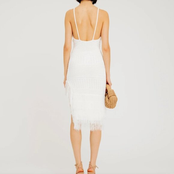 Torn by Ronny Kobo Pointelle Knit Fringe Yuna Midi Dress  White M NWT $268 - Picture 3 of 5